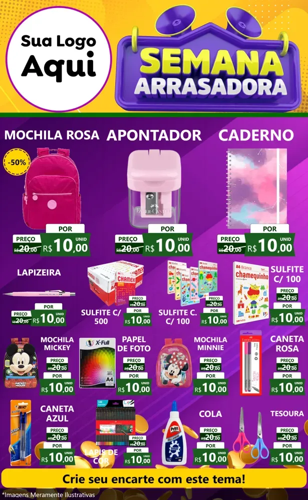 Modelo de Encarte para Encarte Grande com o tema Semana Arrasadora para Papelaria