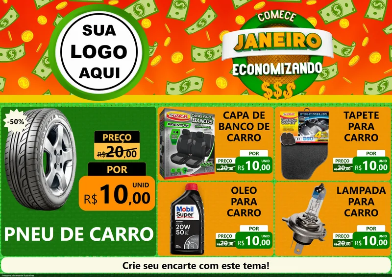 Modelo de Encarte para Encarte A4 Horizontal com o tema Comece Janeiro Economizando para Auto peças