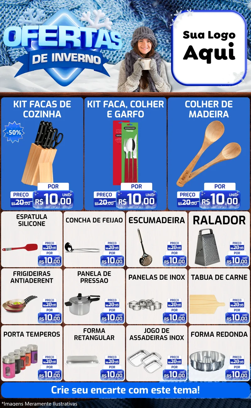 Modelo de Encarte para Encarte Grande com o tema Ofertas de Inverno para Utilidades Domésticas
