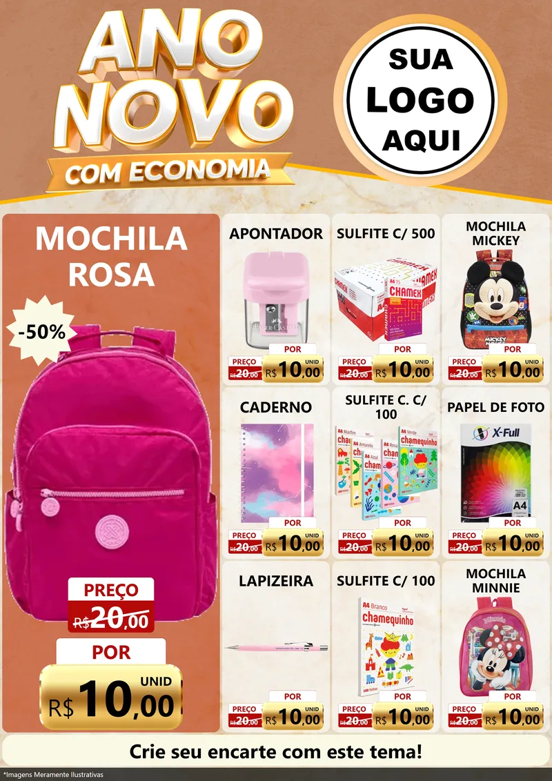 Modelo de Encarte para Encarte A4 Vertical com o tema Ano Novo Com Economia para Papelaria
