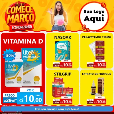 Modelo de Rede Social para Feed Facebook com o tema Comece Março Economizando para Farmácia
