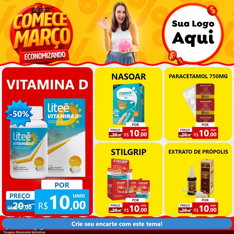 Modelo de Rede Social para Feed Facebook com o tema Comece Março Economizando para Farmácia
