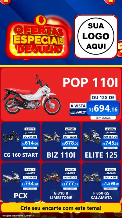 Modelo de Rede Social para Stories com o tema Ofertas Especiais de Julho para Concessionaria de Motos