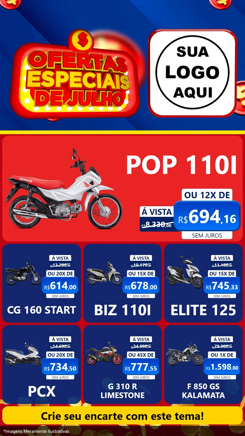 Modelo de Rede Social para Stories com o tema Ofertas Especiais de Julho para Concessionaria de Motos