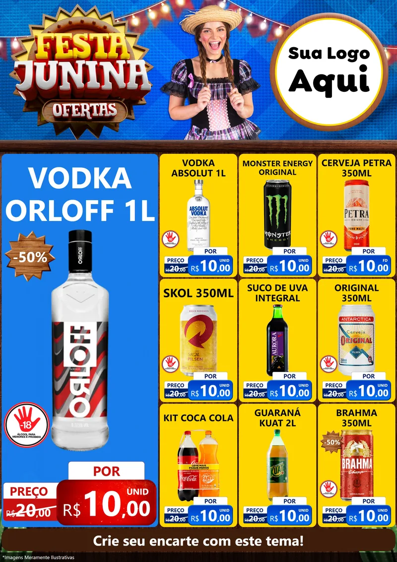 Modelo de Encarte para Encarte A4 Vertical com o tema Festa Junina Ofertas para Distribuidora de bebidas