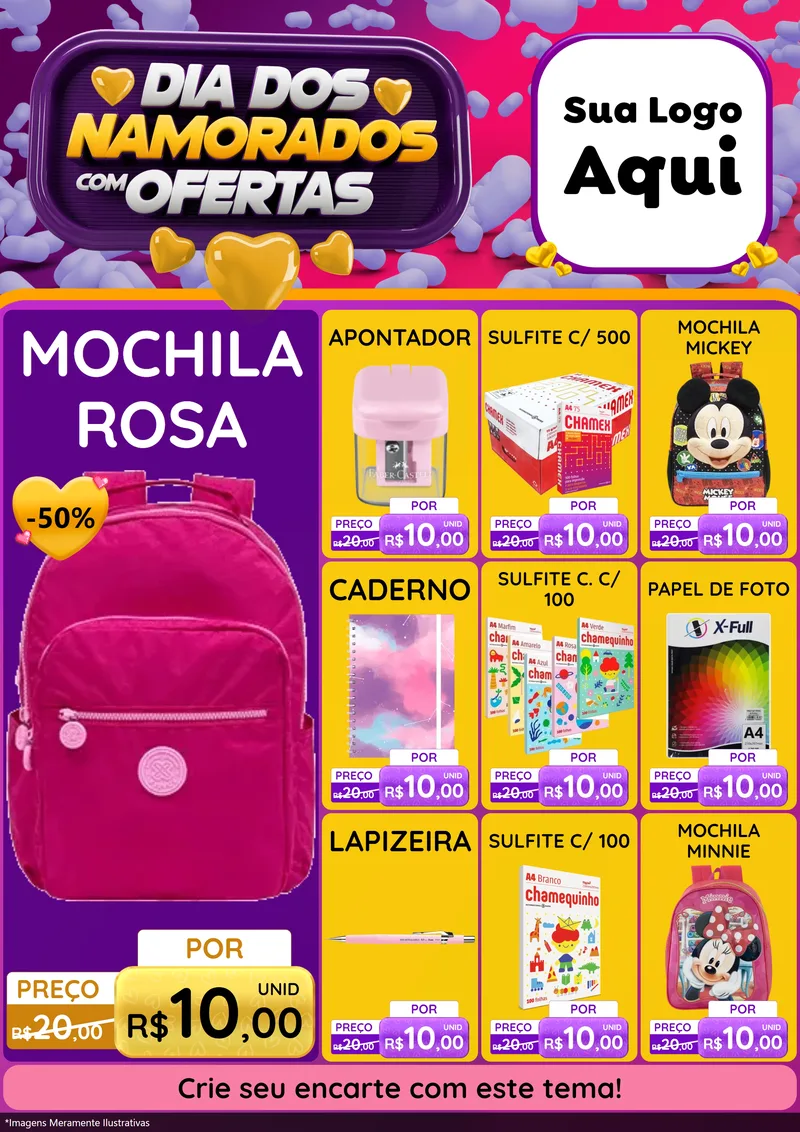 Modelo de Encarte para Encarte A4 Vertical com o tema Dia Dos Namorados Com Ofertas para Papelaria