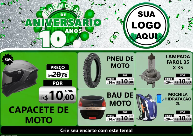 Modelo de Encarte para Encarte A4 Horizontal com o tema Promoção de Aniversário - 10 Anos para Moto peças