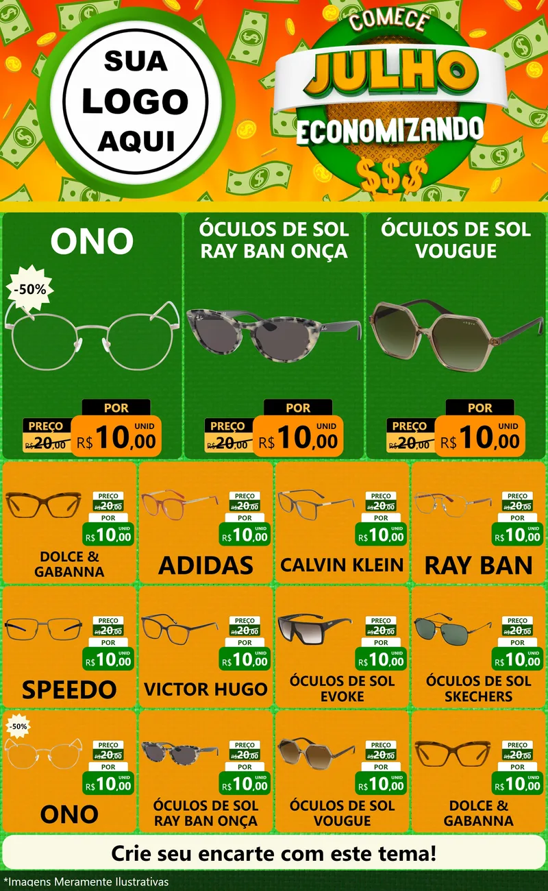 Modelo de Encarte para Encarte Grande com o tema Comece Julho Economizando para Óticas