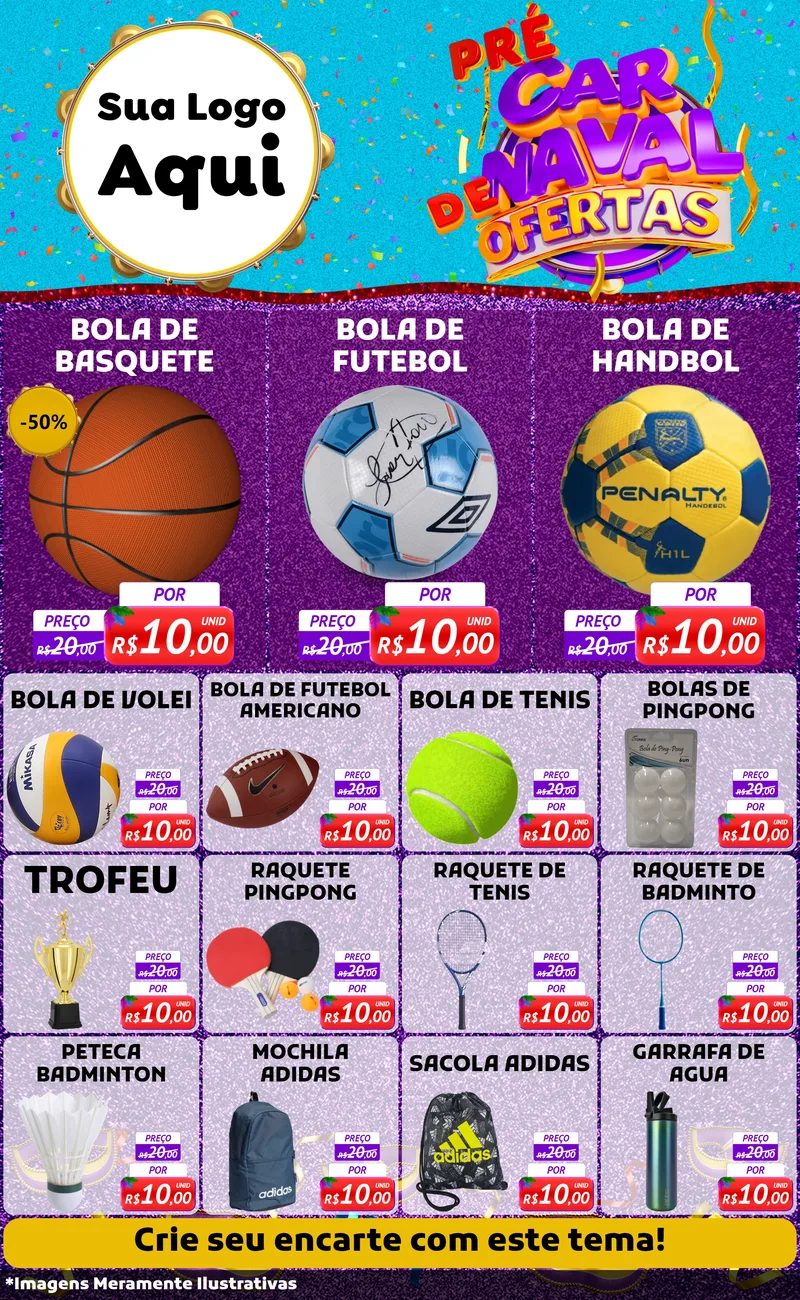 Modelo de Encarte para Encarte Grande com o tema Pré Carnaval de Ofertas para Artigos Esportivos