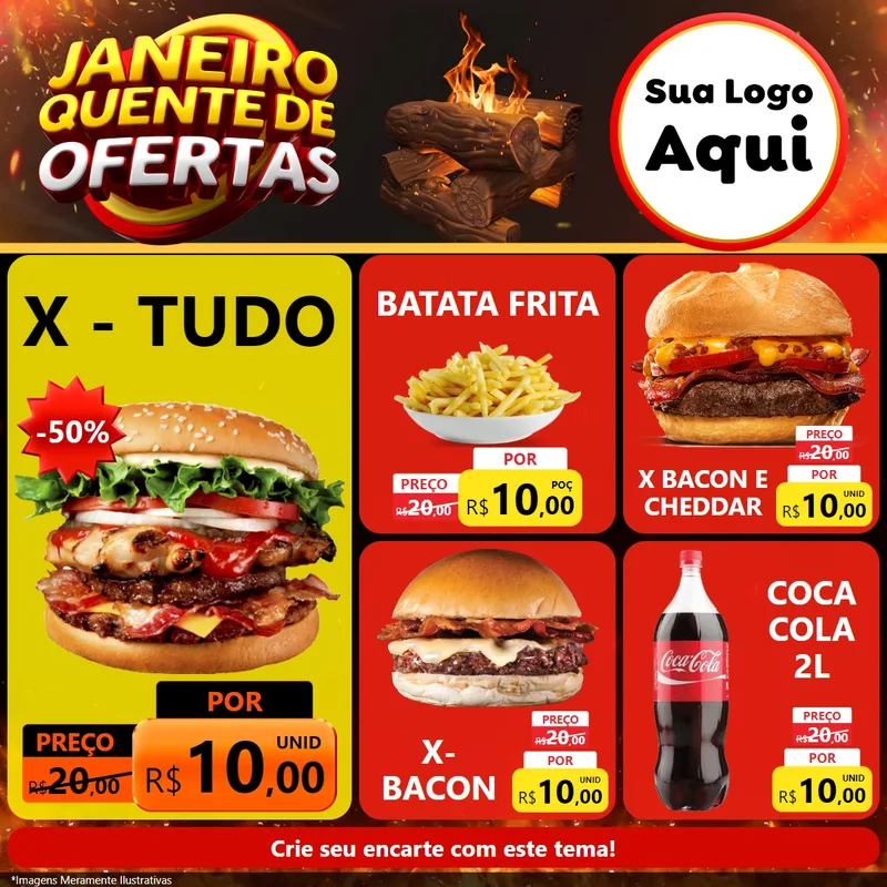 Modelo de Rede Social para Feed Facebook com o tema Janeiro Quente de Ofertas para Hamburgueria