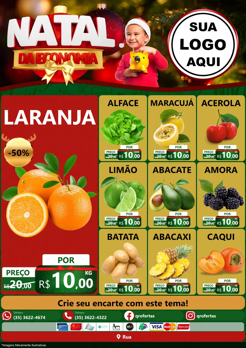 Modelo de Encarte para Encarte A4 Vertical com o tema Natal da Economia para Hortifrúti