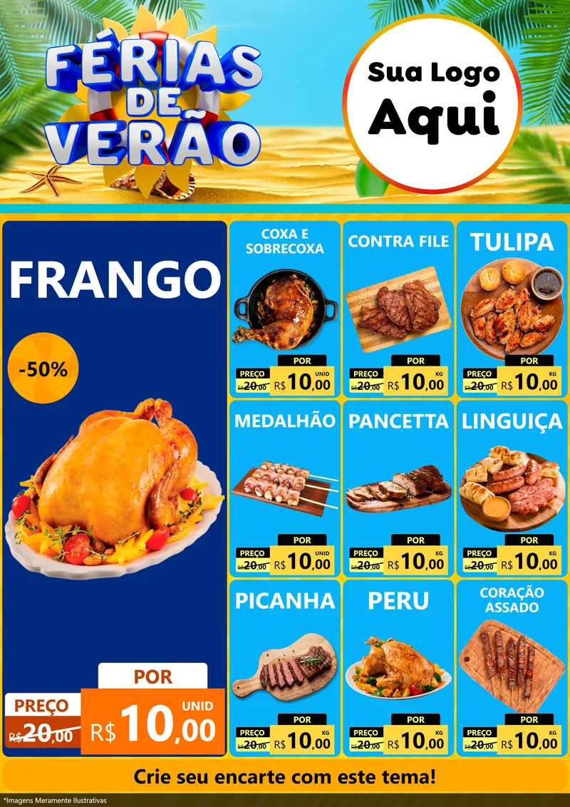 Modelo de Encarte para Encarte A4 Vertical com o tema Férias de Verão para Assados