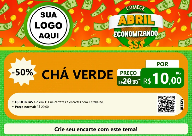 Modelo de Cartaz para Cartaz A4 Horizontal com o tema Comece Abril Economizando para Produtos Naturais