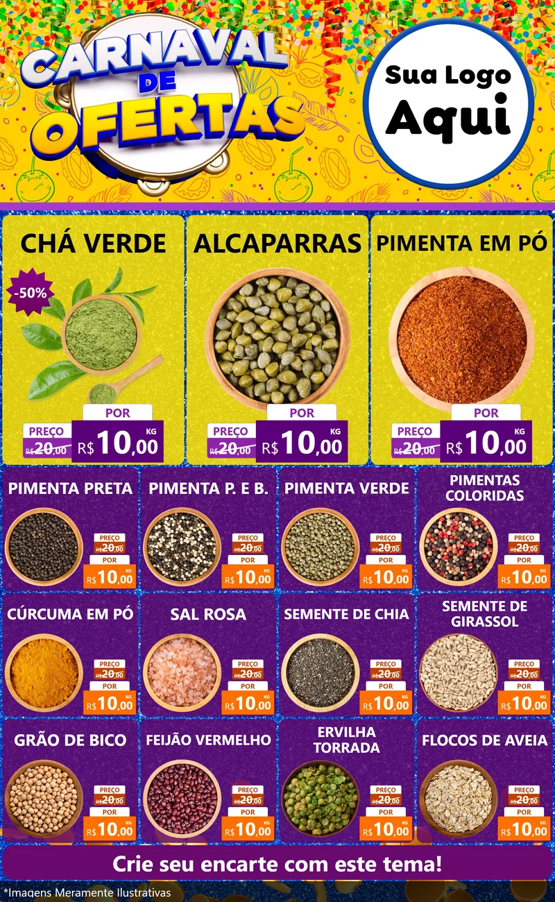 Modelo de Encarte para Encarte Grande com o tema Carnaval de Ofertas para Produtos Naturais