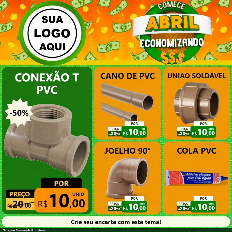 Modelo de Rede Social para Feed Facebook com o tema Comece Abril Economizando para Tubos e conexões