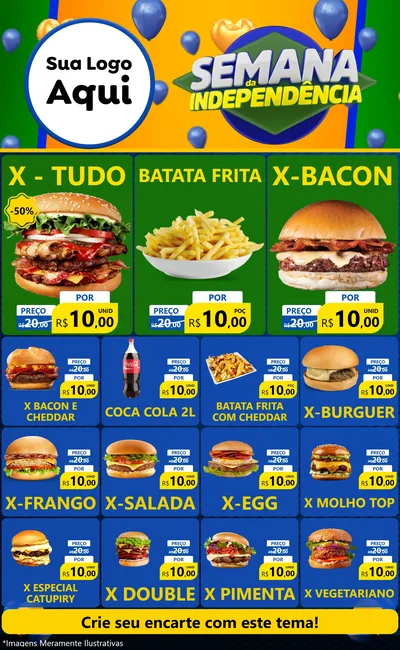 Modelo de Encarte para Encarte Grande com o tema Semana da Independência para Hamburgueria