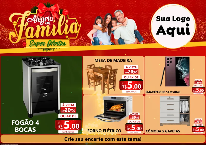 Modelo de Encarte para Encarte A4 Horizontal com o tema Alegria em Família Super Ofertas - Natal para Móveis e Eletro
