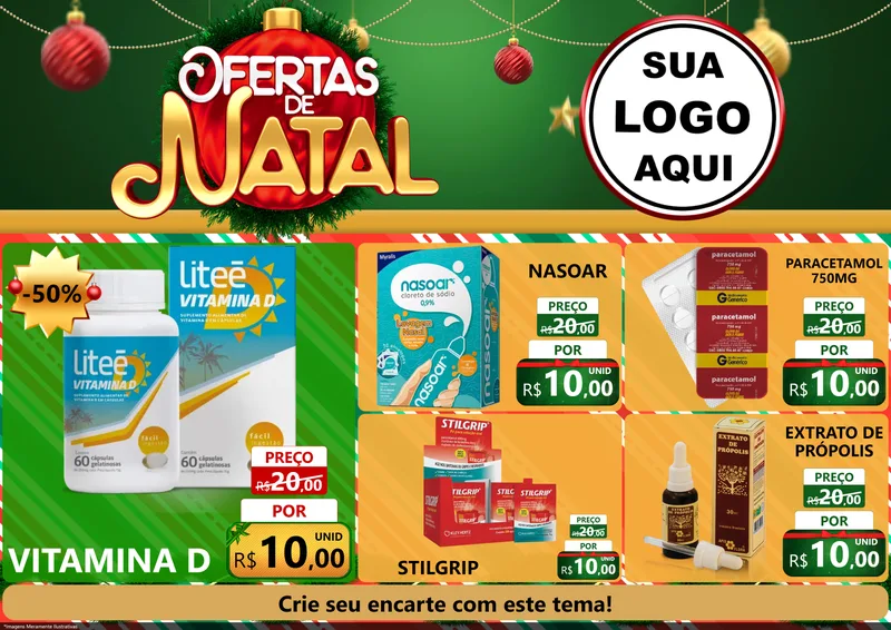 Modelo de Encarte para Encarte A4 Horizontal com o tema Ofertas de Natal para Farmácia