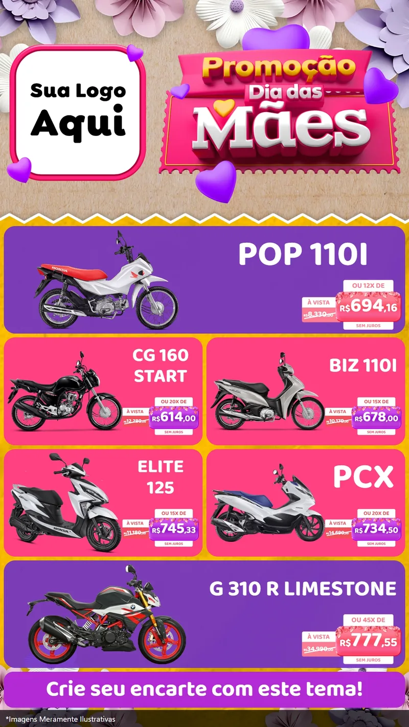 Modelo de TV para TV Vertical com o tema Promoção Dia das Mães para Concessionaria de Motos