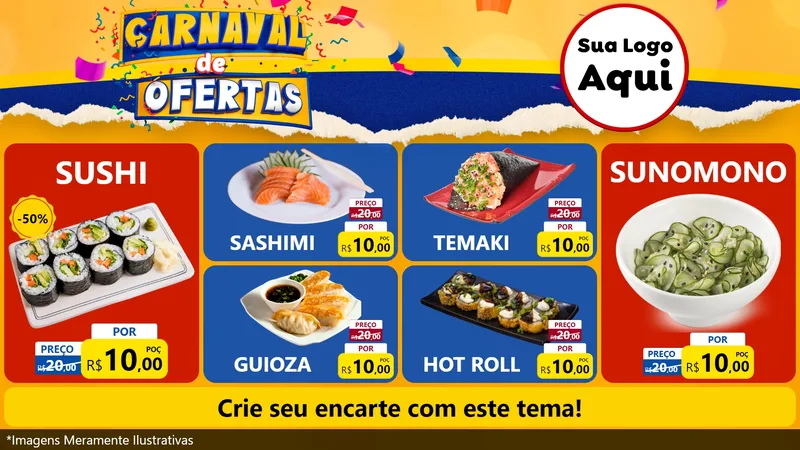 Modelo de TV para TV Horizontal com o tema Carnaval de Ofertas para Comida japonesa