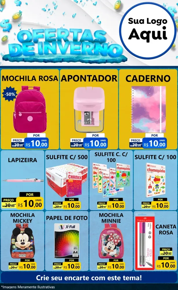 Modelo de Encarte para Encarte Grande com o tema Ofertas de Inverno para Papelaria