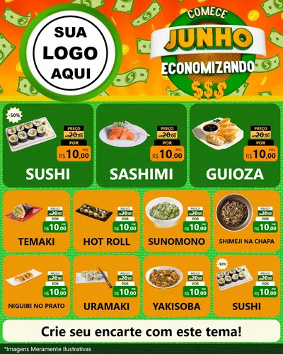 Modelo de Rede Social para Feed Instagram com o tema Comece Junho Economizando para Comida japonesa