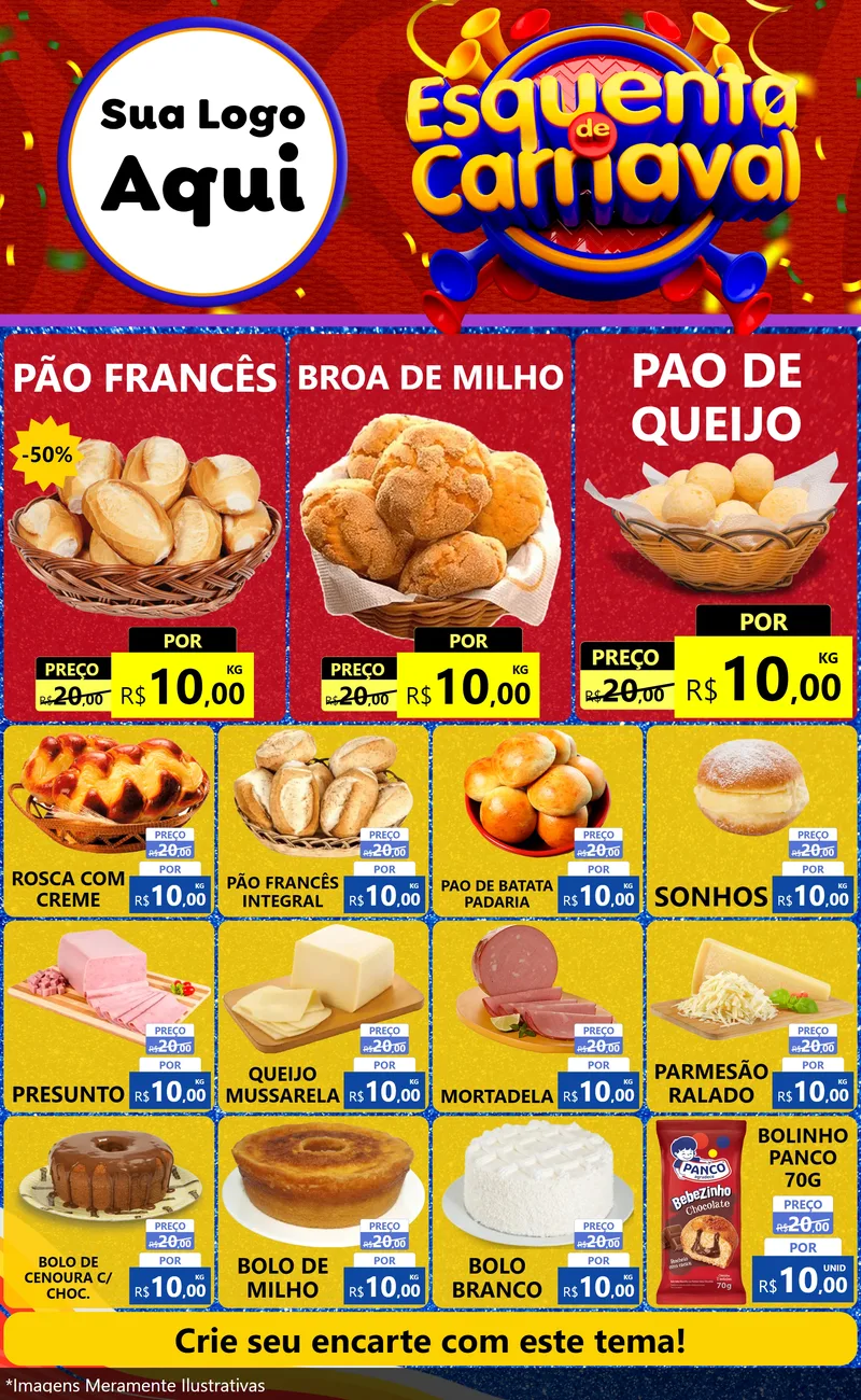 Modelo de Encarte para Encarte Grande com o tema Esquenta de Carnaval para Padaria
