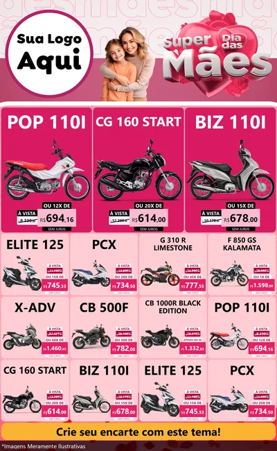 Modelo de Encarte para Encarte Grande com o tema Super Dia Das Mães para Concessionaria de Motos