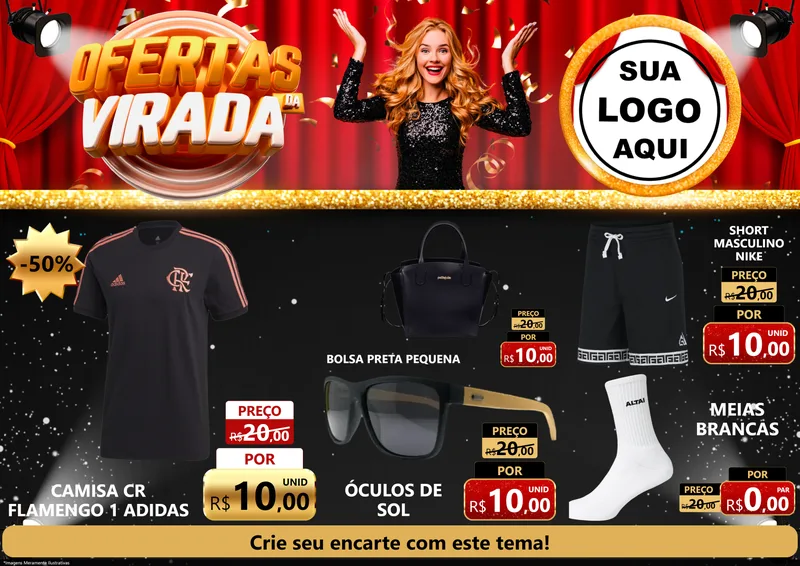 Modelo de Encarte para Encarte A4 Horizontal com o tema Ofertas da Virada para Roupas e acessórios