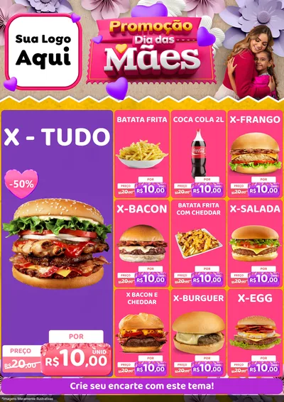 Modelo de Encarte para Encarte A4 Vertical com o tema Promoção Dia das Mães para Hamburgueria