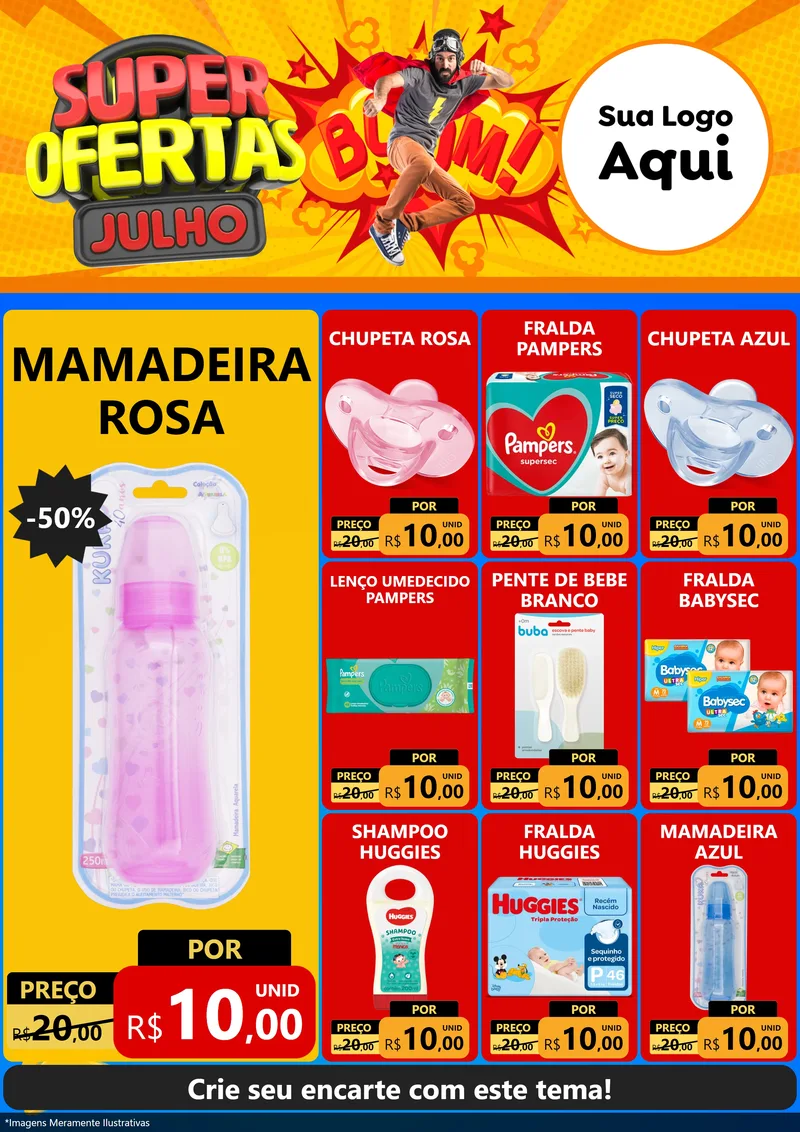 Modelo de Encarte para Encarte A4 Vertical com o tema Super Ofertas Julho para Bebês