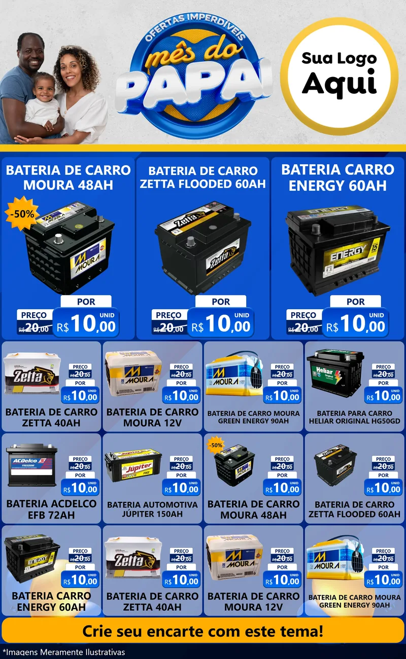 Modelo de Encarte para Encarte Grande com o tema Ofertas Imperdíveis Mês Do Papai para Baterias Elétricas