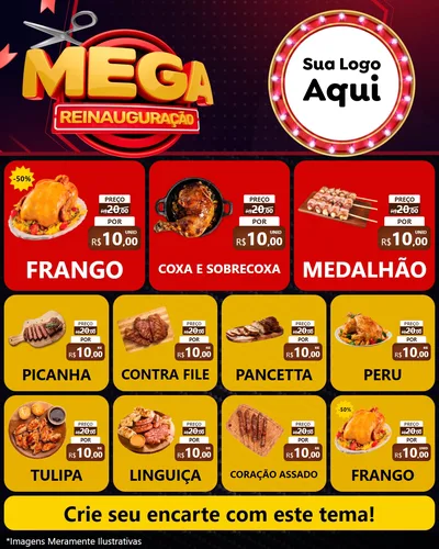 Modelo de Rede Social para Feed Instagram com o tema Mega Reinauguração para Assados