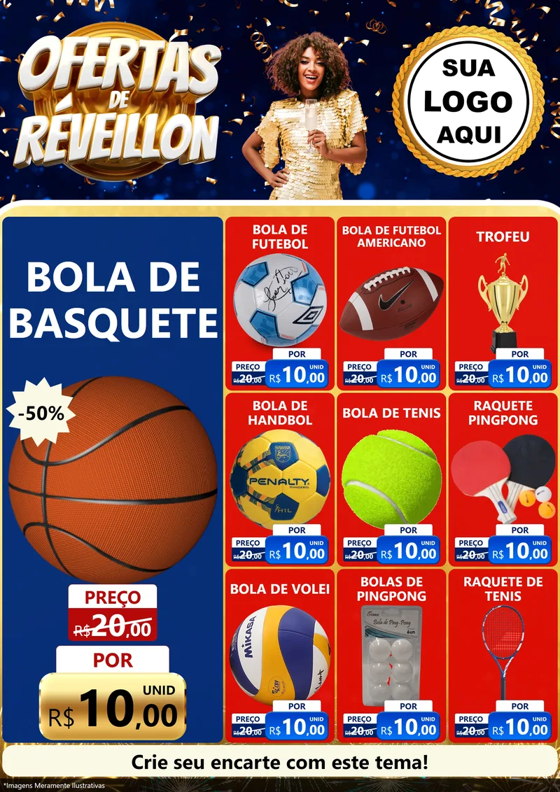 Modelo de Encarte para Encarte A4 Vertical com o tema Ofertas de Réveillon para Artigos Esportivos