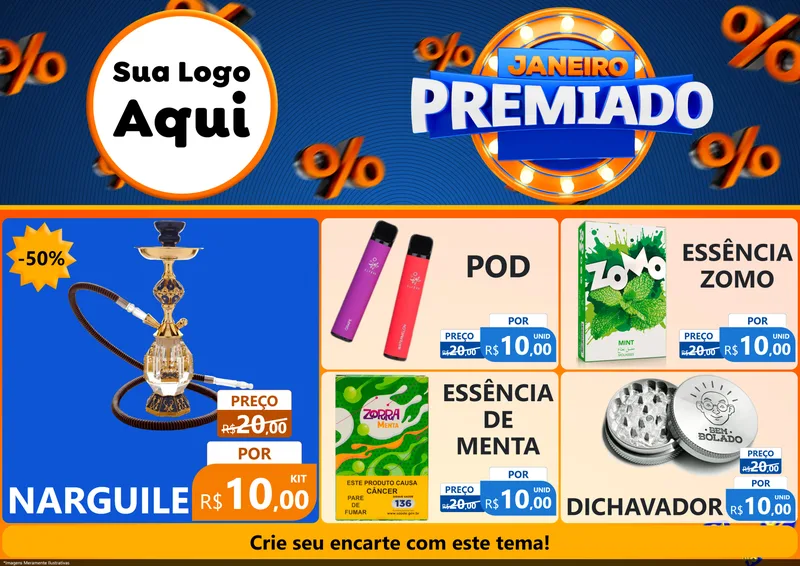 Modelo de Encarte para Encarte A4 Horizontal com o tema Janeiro Premiado para Tabacaria