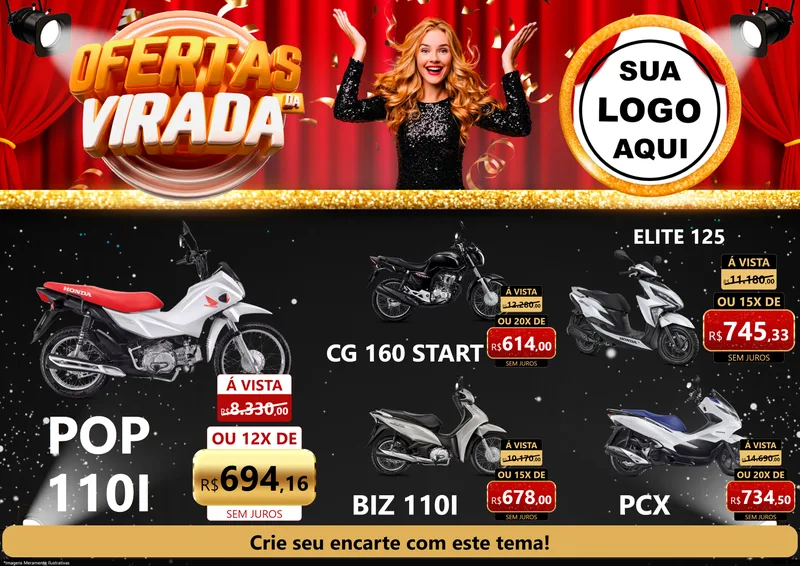 Modelo de Encarte para Encarte A4 Horizontal com o tema Ofertas da Virada para Concessionaria de Motos