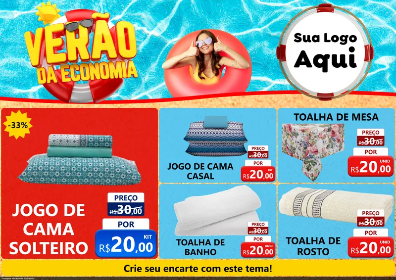 Modelo de Encarte para Encarte A4 Horizontal com o tema Verão da Economia para Cama, Mesa e Banho