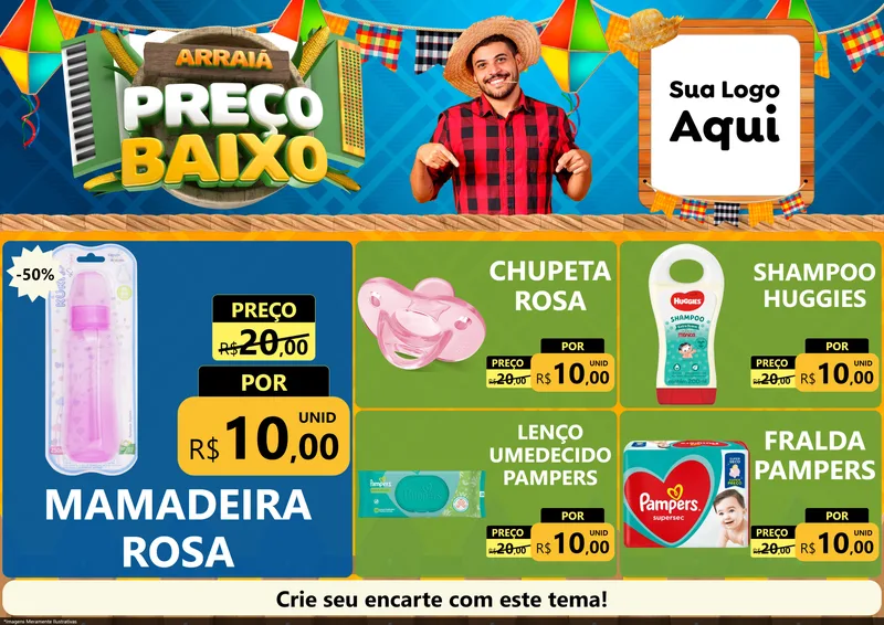 Modelo de Encarte para Encarte A4 Horizontal com o tema Arraiá de Preço Baixo - Junina para Bebês