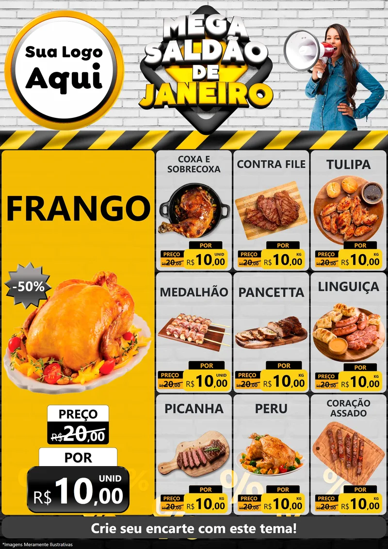 Modelo de Encarte para Encarte A4 Vertical com o tema Mega Saldão de Janeiro para Assados