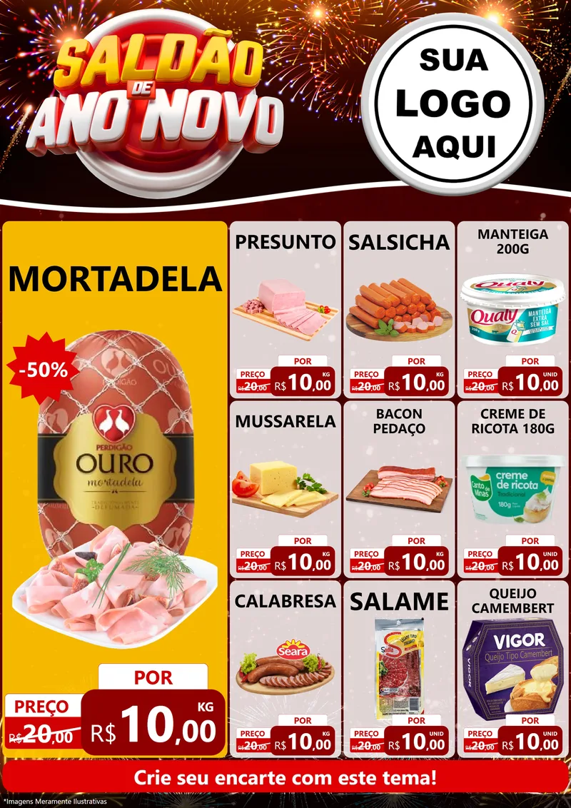 Modelo de Encarte para Encarte A4 Vertical com o tema Saldão de Ano Novo para Frios e Laticínios
