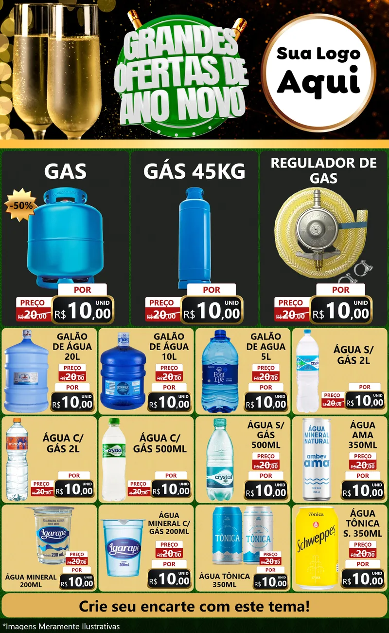 Modelo de Encarte para Encarte Grande com o tema Grandes Ofertas de Ano Novo para Água e gás
