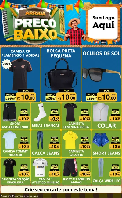 Modelo de Encarte para Encarte Grande com o tema Arraiá de Preço Baixo - Junina para Roupas e acessórios