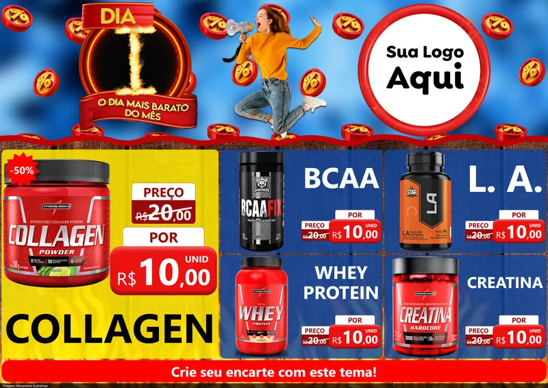 Modelo de Encarte para Encarte A4 Horizontal com o tema Dia I - O Dia Mais Barato Do Mês para Suplementos alimentares