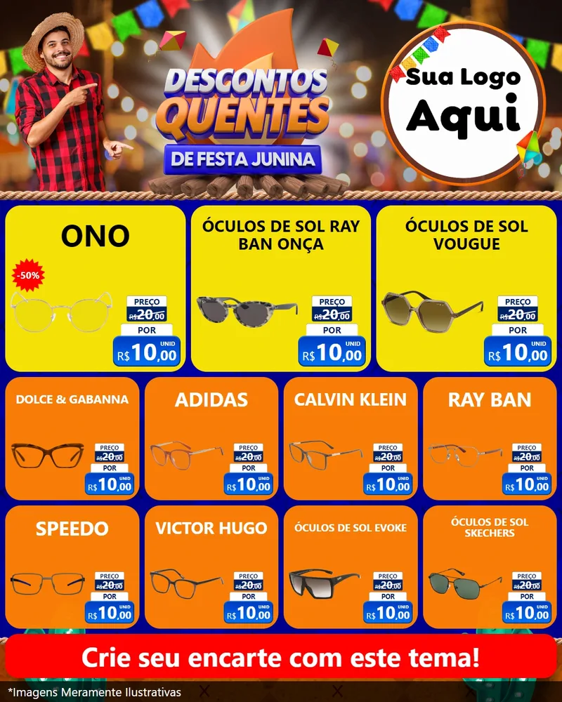Modelo de Rede Social para Feed Instagram com o tema Descontos Quentes de Festa Junina para Óticas