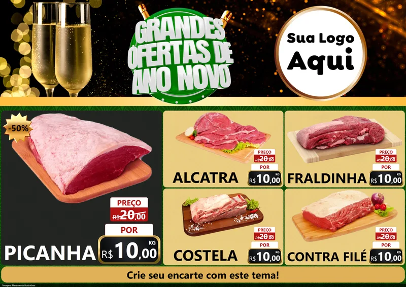 Modelo de Encarte para Encarte A4 Horizontal com o tema Grandes Ofertas de Ano Novo para Açougue