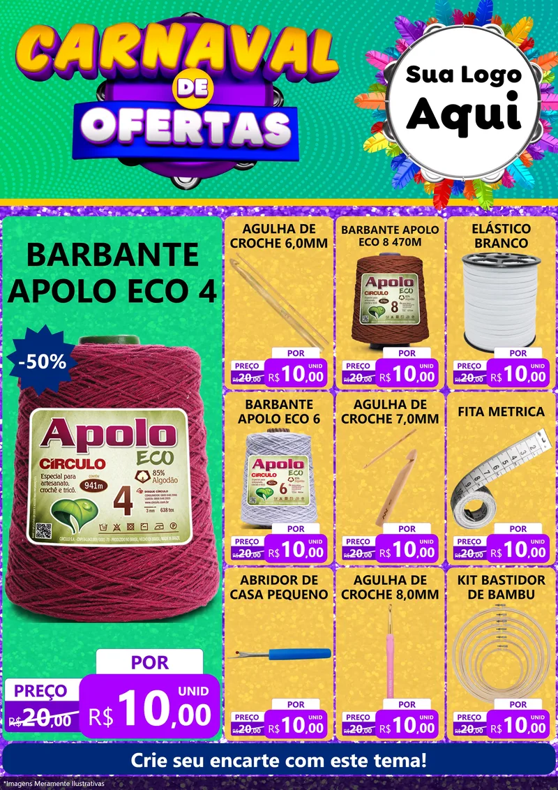 Modelo de Encarte para Encarte A4 Vertical com o tema Carnaval de Ofertas para Armarinho e Aviamentos
