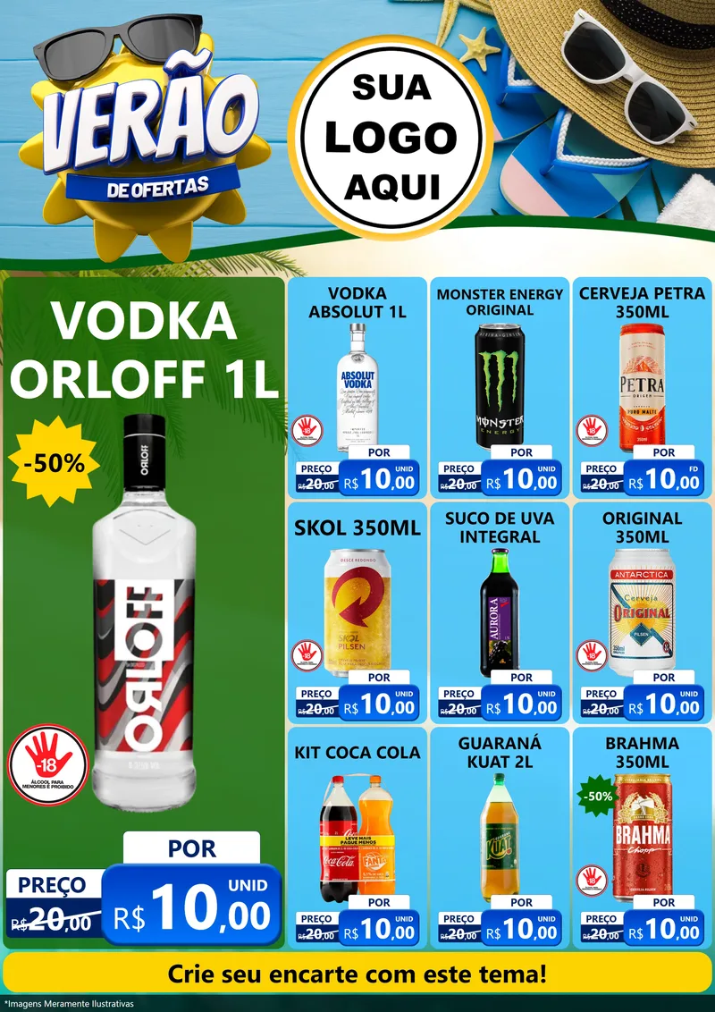 Modelo de Encarte para Encarte A4 Vertical com o tema Verão de Ofertas para Distribuidora de bebidas