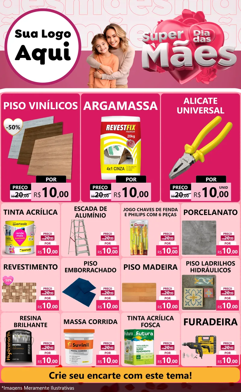 Modelo de Encarte para Encarte Grande com o tema Super Dia Das Mães para Material para Construção