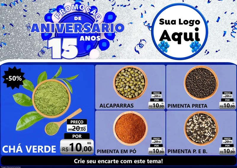 Modelo de Encarte para Encarte A4 Horizontal com o tema Promoção de Aniversário - 15 Anos para Produtos Naturais