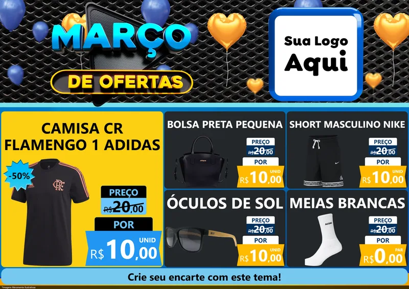Modelo de Encarte para Encarte A4 Horizontal com o tema Março de Ofertas para Roupas e acessórios
